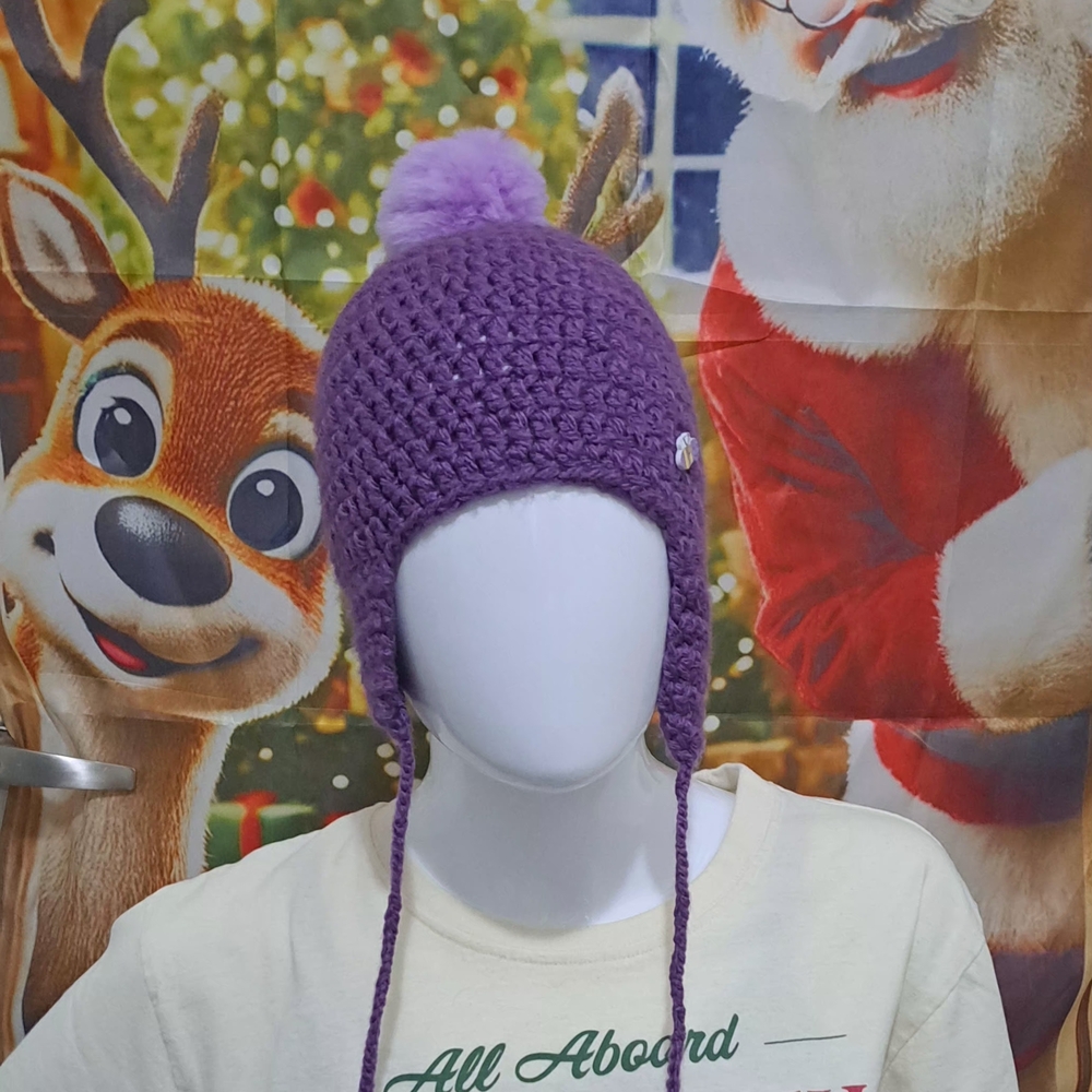 Purple Crochet Earflap Hat with Pom Pom